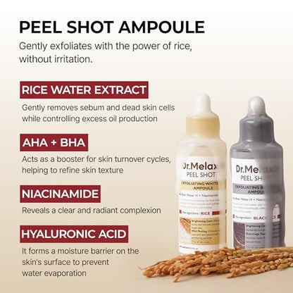 Dr.Melaxin Peel Shot Glow Rice Peeling Ampoule Duo Daily Soft Exfoliating Face and Body Scrub Dead Skin Cells Blackhead Remover for All Skin Types korean skin care